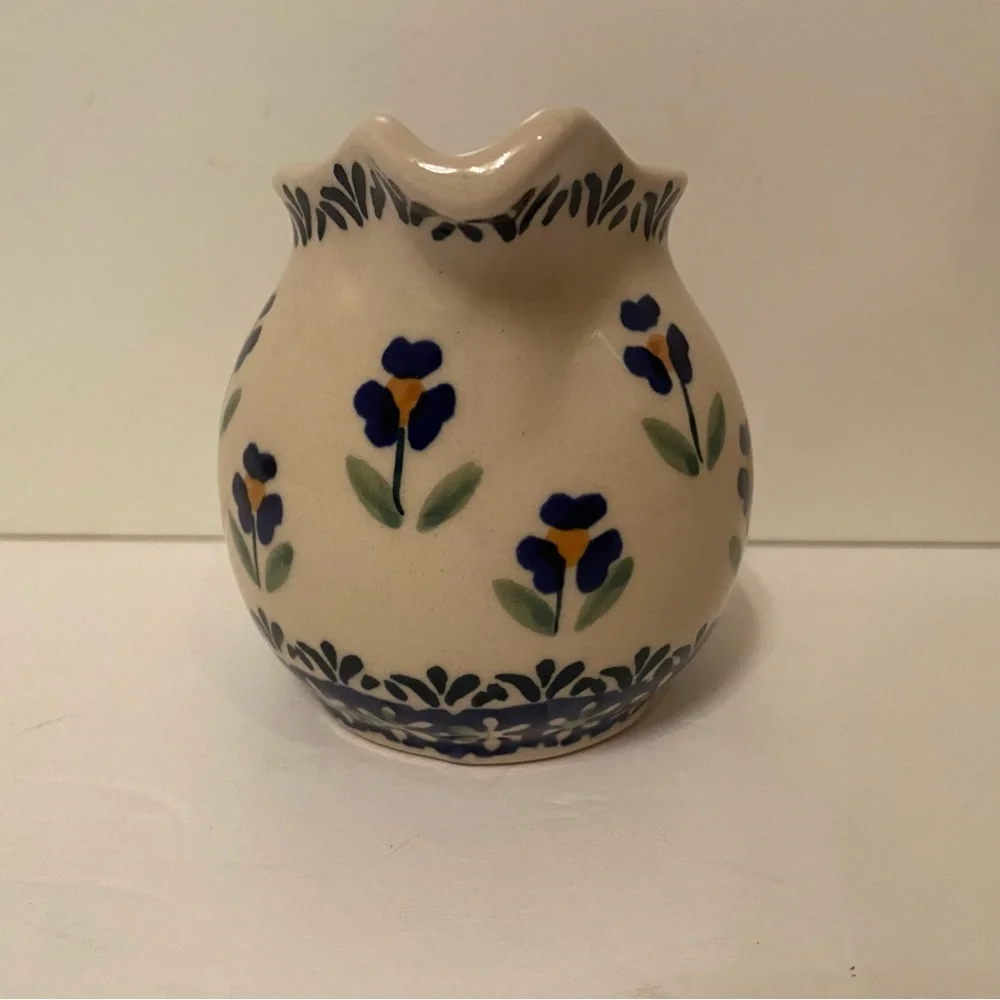 POLISH POTTERY CREAMER MINI PITCHER BLUE WHITE GREEN HANDMADE HOME BOLESLAWIEC